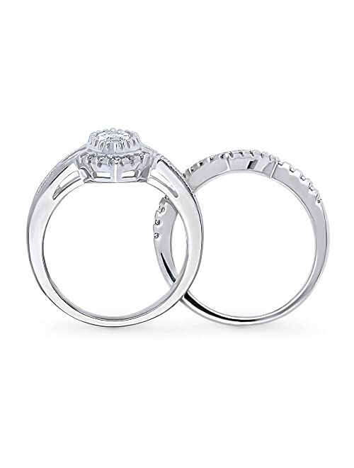 BERRICLE Sterling Silver Halo Wedding Engagement Rings Marquise Cut Cubic Zirconia CZ Milgrain Ring Set for Women, Rhodium Plated Size 4-10
