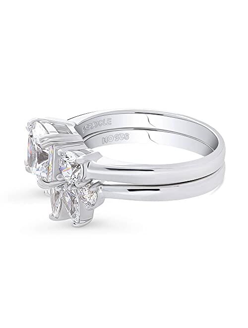 BERRICLE Sterling Silver 3-Stone Wedding Engagement Rings Cushion Cut Cubic Zirconia CZ Wishbone Ring Set for Women, Rhodium Plated Size 4-10