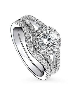 Sterling Silver Halo Wedding Engagement Rings Round Cubic Zirconia CZ Split Shank Ring Set for Women, Rhodium Plated Size 4-10