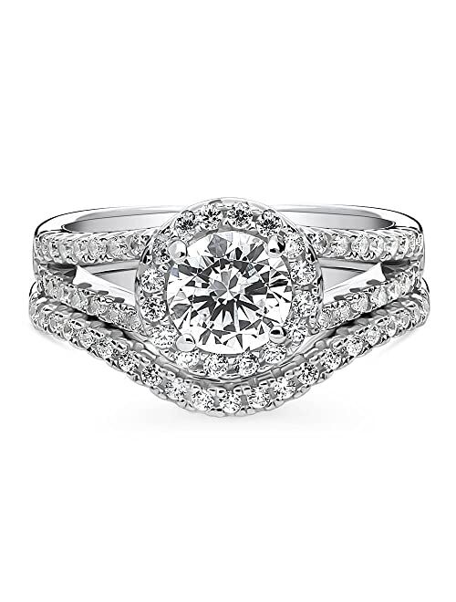 BERRICLE Sterling Silver Halo Wedding Engagement Rings Round Cubic Zirconia CZ Split Shank Ring Set for Women, Rhodium Plated Size 4-10