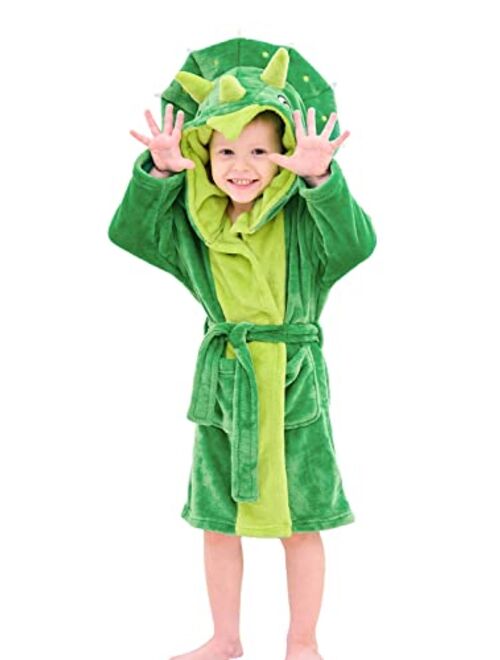 LOLANTA Boys' Girls' Hooded Flannel Bathrobes Kids Sleepwear Dinosaur Dressing Gown Christmas Gift