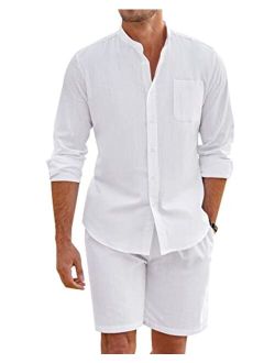Linen Sets For Men 2 Piece Button Down Shirt Long Sleeve And Casual Beach Drawstring Waist Shorts Summer Outfits