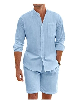 Linen Sets For Men 2 Piece Button Down Shirt Long Sleeve And Casual Beach Drawstring Waist Shorts Summer Outfits