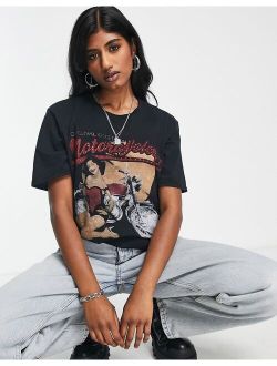 graphic oversized T-shirt with motorcycle hot fix in washed black