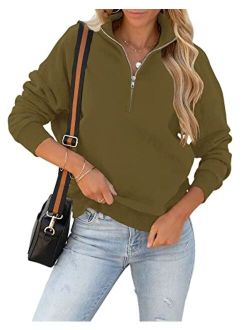 Women's Loose Lapel Quarter Zipper Long Sleeve Solid Cozy Pullover Sweatshirts Tops