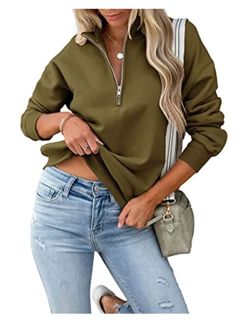 Cicy Bell Women's Loose Lapel Quarter Zipper Long Sleeve Solid Cozy Pullover Sweatshirts Tops
