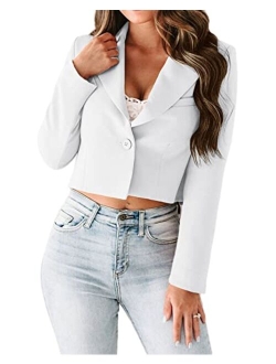 Women's Long Sleeve Blazers Lapel Neck Single Button Casual Work Office Cropped Blazer Jacket