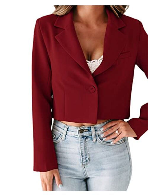 Cicy Bell Women's Long Sleeve Blazers Lapel Neck Single Button Casual Work Office Cropped Blazer Jacket
