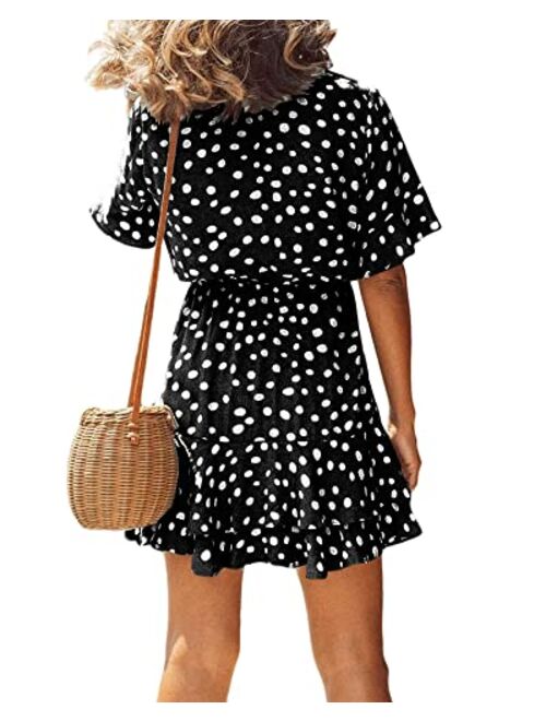 Cicy Bell Women's Short Sleeve V Neck Summer Dress Polka Dot Tie Front Ruffle Hem Beach Mini Dress
