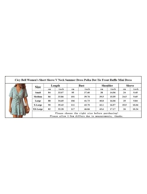 Cicy Bell Women's Short Sleeve V Neck Summer Dress Polka Dot Tie Front Ruffle Hem Beach Mini Dress