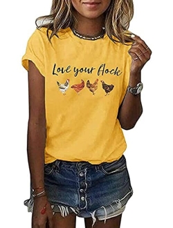 Love Your Flock Shirt Women's Cute Chicken Graphic Tees Crewneck Letter Print Short Sleeves Casual Tops