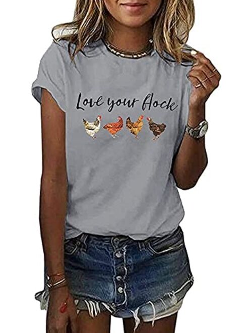 Cicy Bell Love Your Flock Shirt Women's Cute Chicken Graphic Tees Crewneck Letter Print Short Sleeves Casual Tops