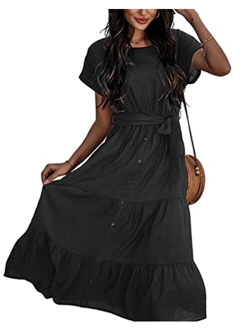 Cicy Bell Women's Summer Dress Short Sleeve Crewneck Buttons Casual Tiered Midi Dress with Belt