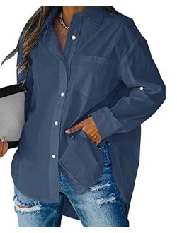 Women's Button Down V Neck Shirts Long Sleeve Blouse Roll Up Cuffed Sleeve Casual Tops with Pocket