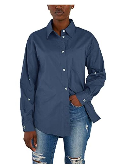 Cicy Bell Women's Button Down V Neck Shirts Long Sleeve Blouse Roll Up Cuffed Sleeve Casual Tops with Pocket