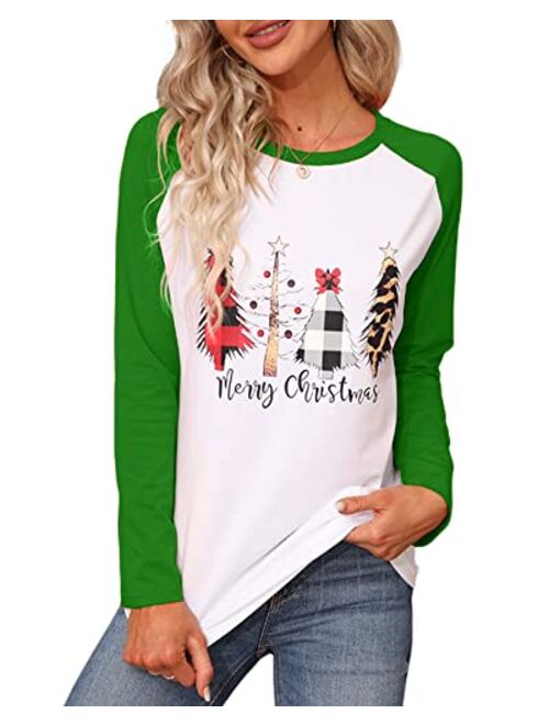 Cicy Bell Merry Christmas T Shirt Womens Christmas Long Sleeve Raglan Baseball Shirts Letter Print Graphic Blouse Tops