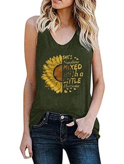 Women's Sunflower Graphic Tank Tops Letter Print Sleeveless Casual Cotton T Shirts