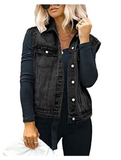 Women's Casual Denim Vest Distressed Classic Sleeveless Jean Vest Jackets With Flap Pockets