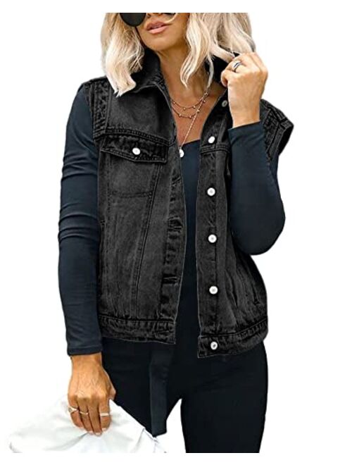 Cicy Bell Women's Casual Denim Vest Distressed Classic Sleeveless Jean Vest Jackets With Flap Pockets