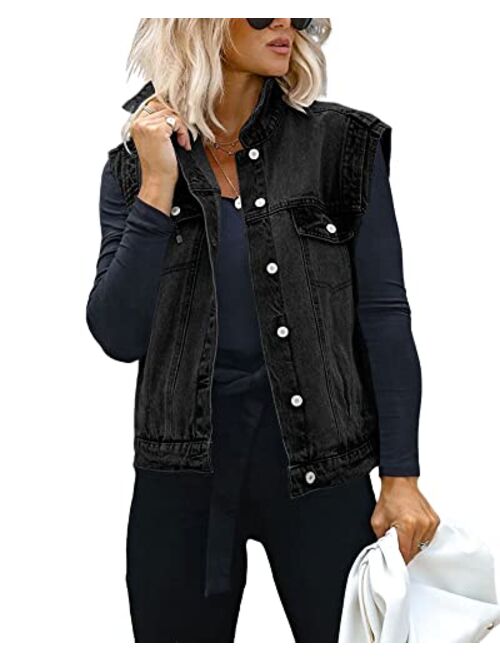 Cicy Bell Women's Casual Denim Vest Distressed Classic Sleeveless Jean Vest Jackets With Flap Pockets