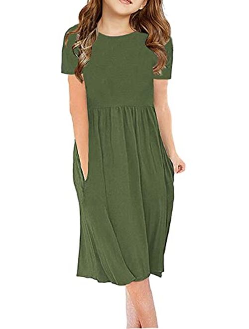 Cicy Bell Girl's Short Sleeve Dresses Pleated Loose Swing Casual Dress with Pockets