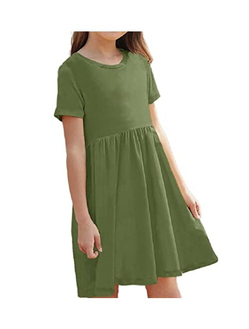 Cicy Bell Girl's Short Sleeve Dresses Pleated Loose Swing Casual Dress with Pockets