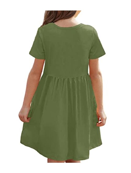 Cicy Bell Girl's Short Sleeve Dresses Pleated Loose Swing Casual Dress with Pockets