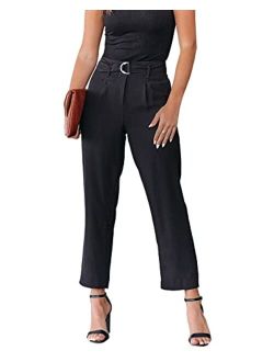 Women's Casual Cropped Work Pants High Waisted Belted Trousers with Pockets