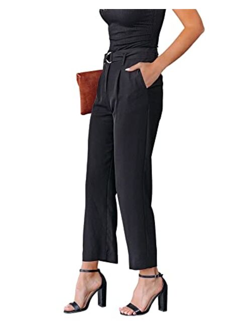 Cicy Bell Women's Casual Cropped Work Pants High Waisted Belted Trousers with Pockets