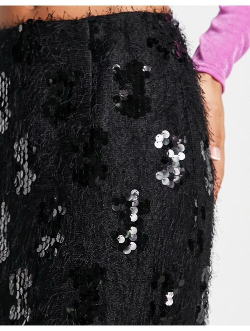 ASOS DESIGN fluffy sequin mini skirt in black