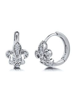 Sterling Silver Fleur De Lis Cubic Zirconia CZ Small Fashion Hoop Huggie Earrings for Women, 0.5"