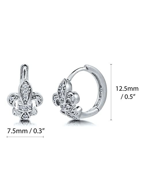 BERRICLE Sterling Silver Fleur De Lis Cubic Zirconia CZ Small Fashion Hoop Huggie Earrings for Women, 0.5"