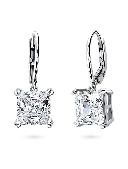 BERRICLE Sterling Silver Solitaire 6 Carat Princess Cut Cubic Zirconia CZ Leverback Anniversary Dangle Drop Earrings for Women, Rhodium Plated