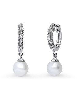 Sterling Silver Solitaire White Round Freshwater Cultured Pearl Anniversary Dangle Drop Earrings for Women, Rhodium Plated