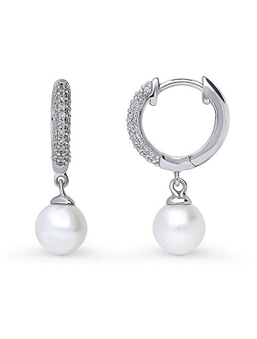 BERRICLE Sterling Silver Solitaire White Round Freshwater Cultured Pearl Anniversary Dangle Drop Earrings for Women, Rhodium Plated