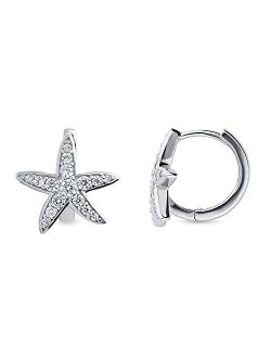 Sterling Silver Starfish Cubic Zirconia CZ Small Fashion Hoop Huggie Earrings for Women, Rhodium Plated 0.5"
