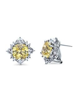 Sterling Silver Halo Canary Yellow Cushion Cut Cubic Zirconia CZ Statement Flower Omega Back Anniversary Stud Earrings for Women, Rhodium Plated