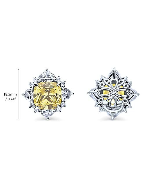 BERRICLE Sterling Silver Halo Canary Yellow Cushion Cut Cubic Zirconia CZ Statement Flower Omega Back Anniversary Stud Earrings for Women, Rhodium Plated