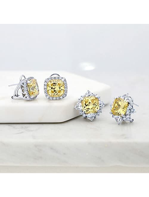 BERRICLE Sterling Silver Halo Canary Yellow Cushion Cut Cubic Zirconia CZ Statement Flower Omega Back Anniversary Stud Earrings for Women, Rhodium Plated