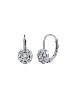 Sterling Silver Halo Round Cubic Zirconia CZ Anniversary Leverback Dangle Drop Earrings for Women