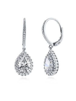 Sterling Silver Halo Pear Cut Cubic Zirconia CZ Leverback Anniversary Dangle Drop Earrings for Women, Rhodium Plated