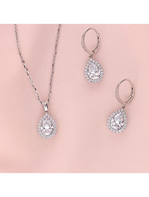 BERRICLE Sterling Silver Halo Pear Cut Cubic Zirconia CZ Leverback Anniversary Dangle Drop Earrings for Women, Rhodium Plated