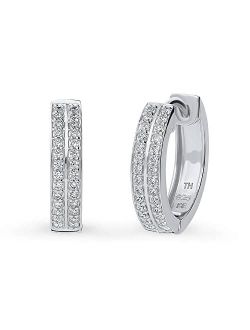 Sterling Silver Double Row Cubic Zirconia CZ Medium Fashion Hoop Earrings for Women, Rhodium Plated 0.6"