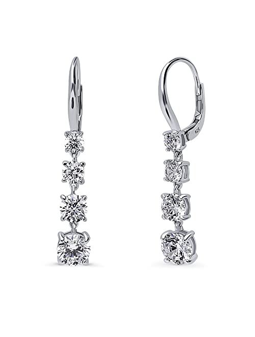 BERRICLE Sterling Silver Graduated Cubic Zirconia CZ Leverback Dangle Chandelier Earrings for Women, Rhodium Plated