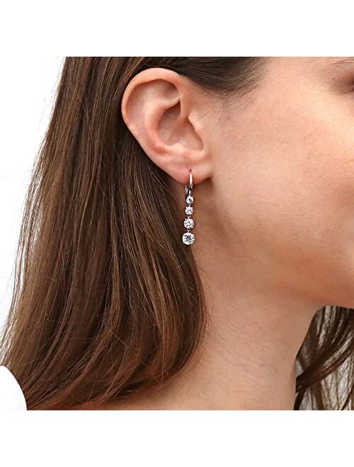 BERRICLE Sterling Silver Graduated Cubic Zirconia CZ Leverback Dangle Chandelier Earrings for Women, Rhodium Plated