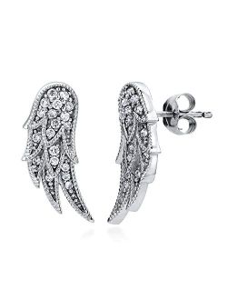 Sterling Silver Angel Wings Cubic Zirconia CZ Fashion Stud Earrings for Women, Rhodium Plated