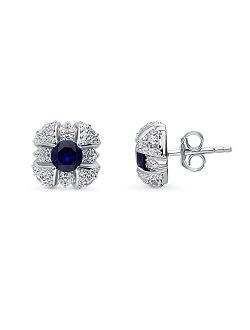 Sterling Silver Square Simulated Blue Sapphire Cubic Zirconia CZ Fashion Stud Earrings for Women, Rhodium Plated
