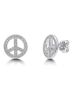 Sterling Silver Peace Sign Cubic Zirconia CZ Fashion Stud Earrings for Women