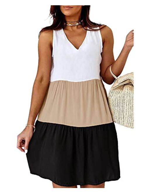 Cicy Bell Women's V Neck Summer Dresses Color Block Sleeveless Casual Mini Dress