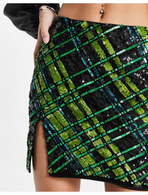 Miss Selfridge Premium sequin mini skirt in black and green check